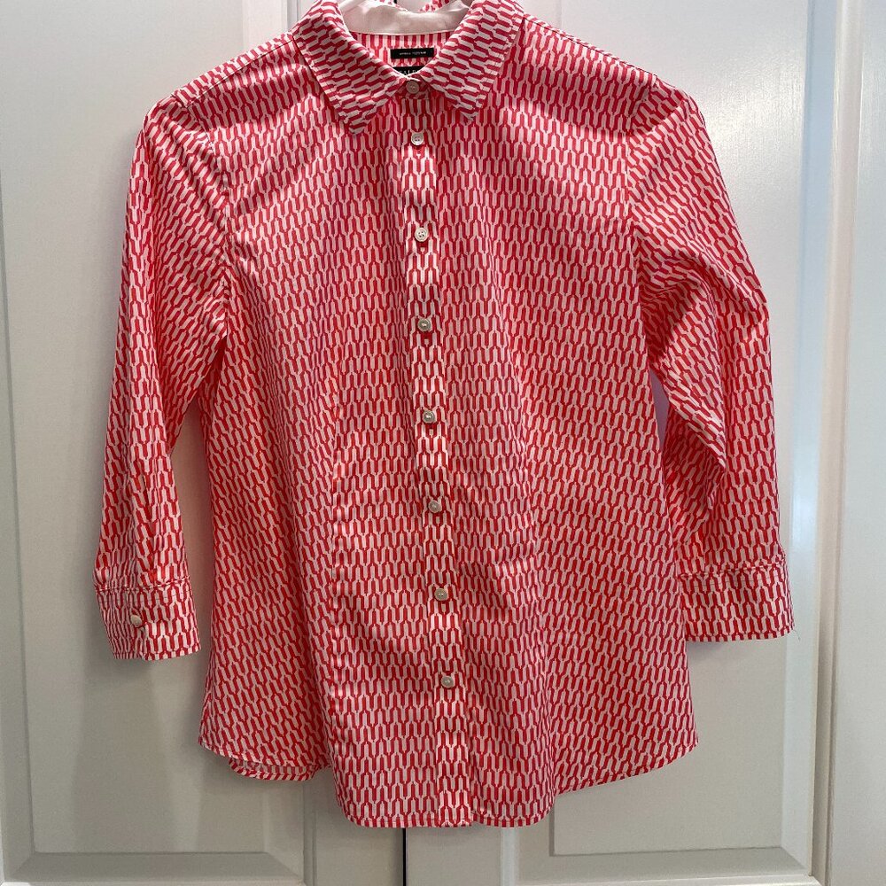 EUC Talbots Petites 3/4 Sleeve Blouse, Red-White, 96% Cotton/4% Spandex, Sz 2P